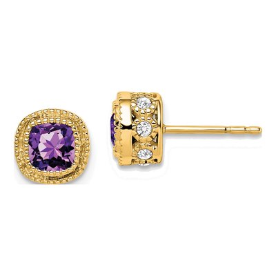 14K Yellow Gold 0.19 ct tw 4.5mm Cushion Amethyst & Diamond Stud Earrings