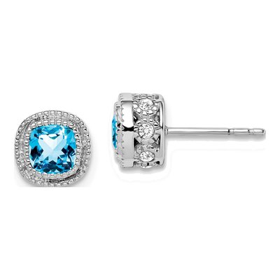 14K White Gold 0.19 ct tw 4.5mm Swiss Blue Topaz & Diamond Cushion Stud Earrings