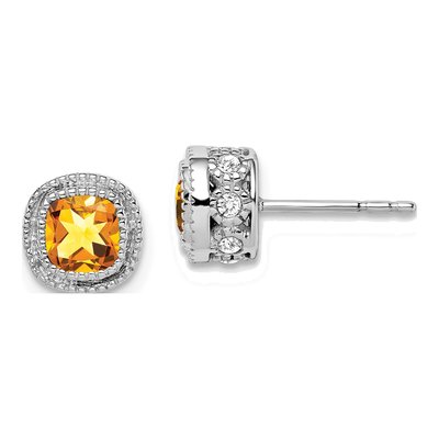 10K White Gold 0.19 ct tw 4.5mm Cushion Citrine & Diamond Button Stud Earrings