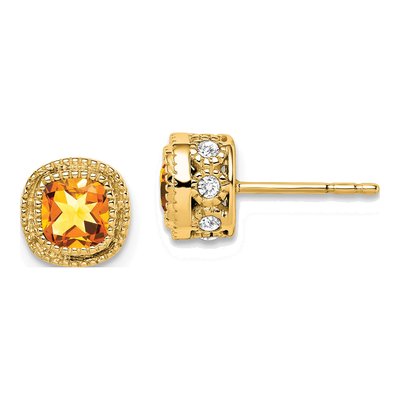 14K Yellow Gold 0.19 ct tw 4.5mm Citrine & Diamond Cushion Stud Earrings