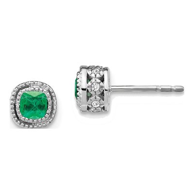 10K White Gold 1/10 ct tw 3.4mm Cushion Emerald & Diamond Stud Earrings