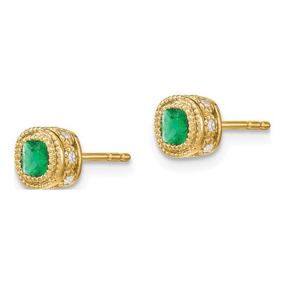 14K Yellow Gold 1/10 ct tw 3.4mm Cushion Emerald & Diamond Button Stud Earrings – view 2