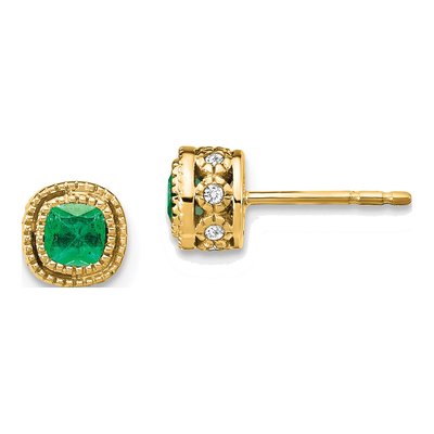 14K Yellow Gold 1/10 ct tw 3.4mm Cushion Emerald & Diamond Button Stud Earrings