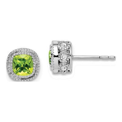 14K White Gold 0.19 ct tw 4.5mm Cushion Peridot & Diamond Stud Earrings