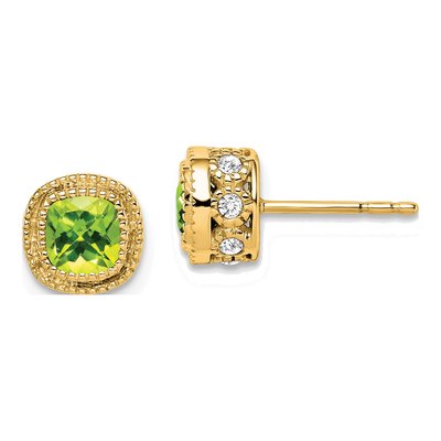 14K Yellow Gold 0.19 ct tw 4.5mm Cushion Peridot & Diamond Button Stud Earrings