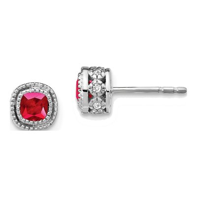 10K White Gold 1/10 ct tw 3.4mm Ruby & Diamond Cushion Stud Earrings