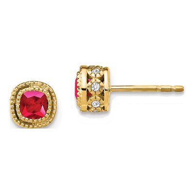 10K Yellow Gold 1/10 ct tw 3.4mm Cushion Ruby & Diamond Button Stud Earrings