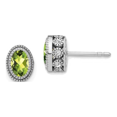 14K White Gold 0.19 ct tw Peridot & Diamond Oval Stud Earrings