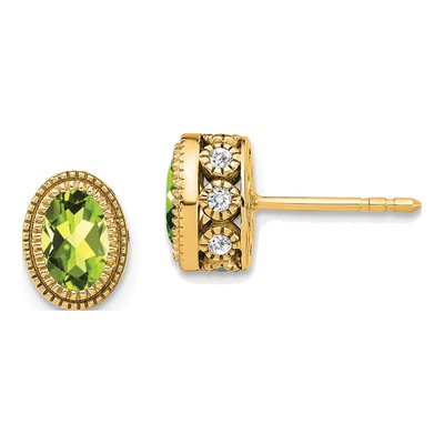 14K Yellow Gold 0.19 ct tw Oval Peridot & Diamond Stud Earrings