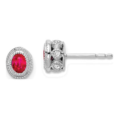 14K White Gold 1/8 ct tw Oval Ruby & Diamond Stud Earrings