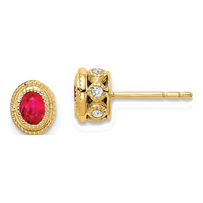 14K Yellow Gold 1/8 ct tw Ruby & Diamond Oval Stud Earrings