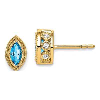 14K Yellow Gold 1/7 ct tw Swiss Blue Topaz & Diamond Marquise Stud Earrings