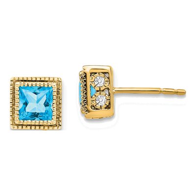14K Yellow Gold 0.16 ct tw 4.5mm Princess Swiss Blue Topaz & Diamond Stud Earrings