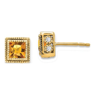 14K Yellow Gold 0.16 ct tw 4.5mm Princess Citrine & Diamond Square Stud Earrings