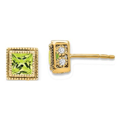 14K Yellow Gold 0.16 ct tw 4.5mm Princess Peridot & Diamond Square Stud Earrings