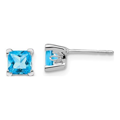 14K White Gold 5mm Princess Swiss Blue Topaz Square Stud Earrings