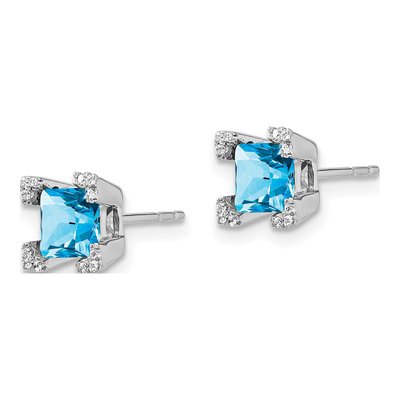 14K White Gold 1/15 ct tw 5mm Princess Swiss Blue Topaz & Diamond Stud Earrings – view 2