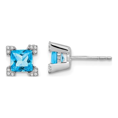 14K White Gold 1/15 ct tw 5mm Princess Swiss Blue Topaz & Diamond Stud Earrings