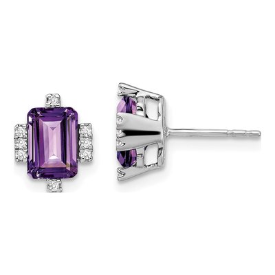 14K White Gold 1/15 ct tw Octagon / Emerald Amethyst & Diamond Emerald-Cut Stud Earrings
