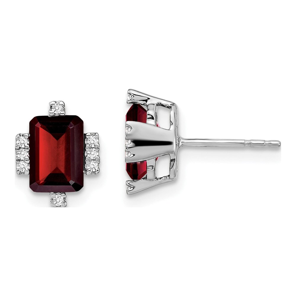 14K White Gold 1/15 ct tw Octagon / Emerald Garnet & Diamond Emerald-Cut Stud Earrings