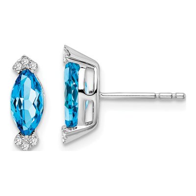 14K White Gold 1/20 ct tw Swiss Blue Topaz & Diamond Marquise Stud Earrings
