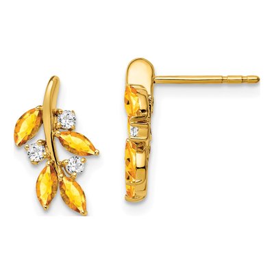 14K Yellow Gold 1/8 ct tw Citrine & Diamond Marquise Leaf Dangle Earrings