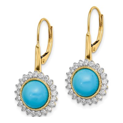 14K Yellow Gold 5/8 ct tw Turquoise & Diamond Halo Leverback Earrings – view 2