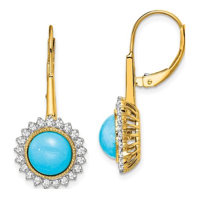 14K Yellow Gold 5/8 ct tw Turquoise & Diamond Halo Leverback Earrings