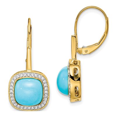 14K Yellow Gold 1/4 ct tw Turquoise & Diamond Halo Leverbacks Leverback Earrings