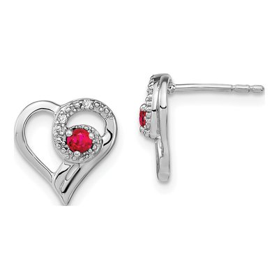 14K White Gold 2.5mm Round Ruby & Diamond Heart Stud Earrings
