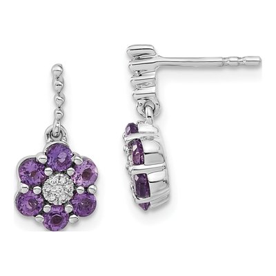 14K White Gold Amethyst & Diamond Floral Dangle Earrings