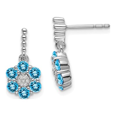 14K White Gold Swiss Blue Topaz & Diamond Dangle Earrings