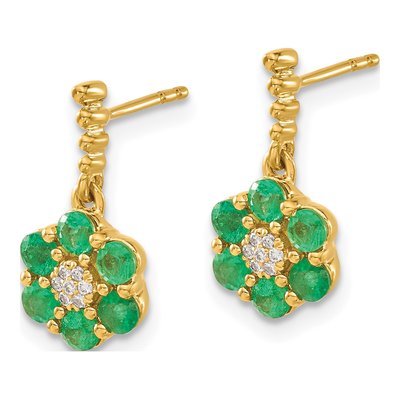 14K Yellow Gold Emerald & Diamond Floral Dangle Earrings – view 2