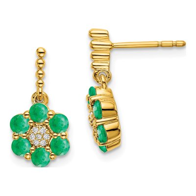 14K Yellow Gold Emerald & Diamond Floral Dangle Earrings