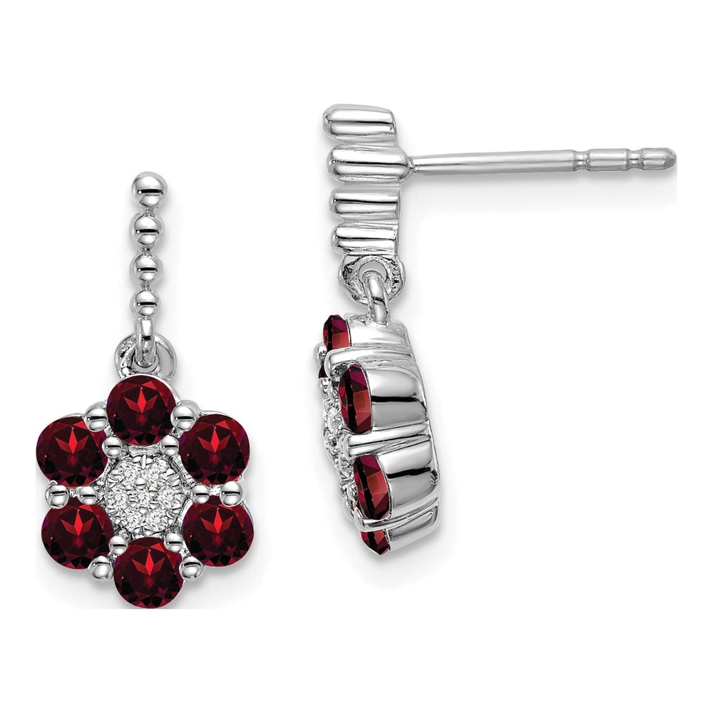 14K White Gold Garnet & Diamond Floral Dangle Earrings