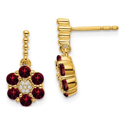 14K Yellow Gold Garnet & Diamond Floral Dangle Earrings