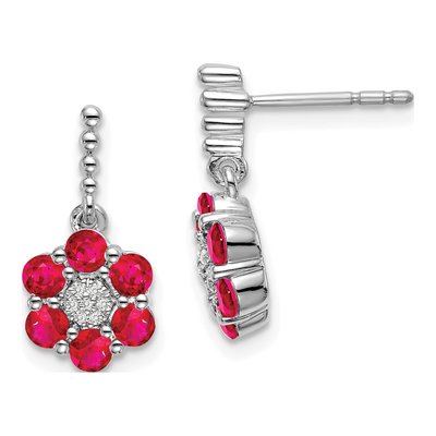 14K White Gold Ruby & Diamond Floral Dangle Earrings