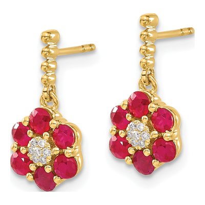 14K Yellow Gold Ruby & Diamond Floral Dangle Earrings – view 2