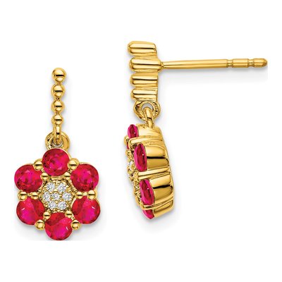 14K Yellow Gold Ruby & Diamond Floral Dangle Earrings