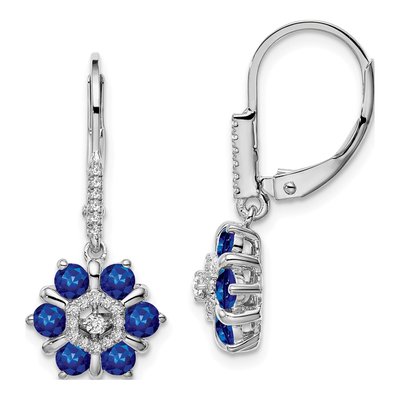 14K White Gold 1/7 ct tw Sapphire & Diamond Floral Leverback Earrings