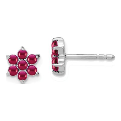 14K White Gold 2mm Round Ruby Cabochon Floral Stud Earrings