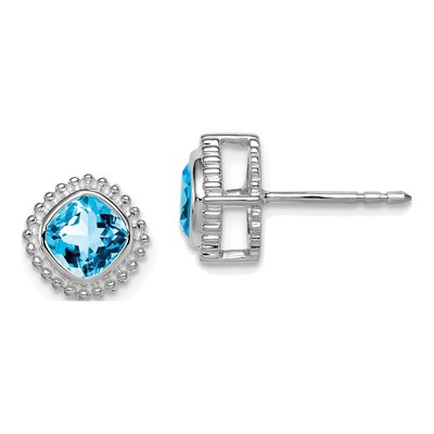 14K White Gold 5mm Swiss Blue Topaz Cushion Stud Earrings
