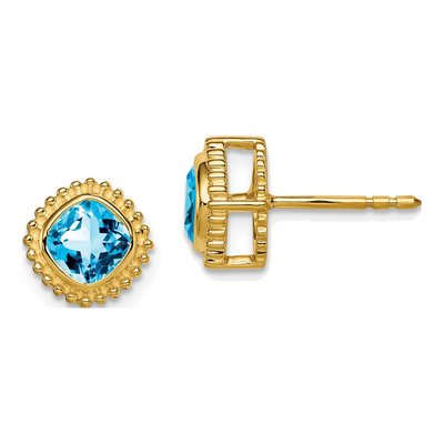 14K Yellow Gold 5mm Swiss Blue Topaz Cushion Stud Earrings