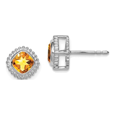 14K White Gold 5mm Citrine Cushion Stud Earrings
