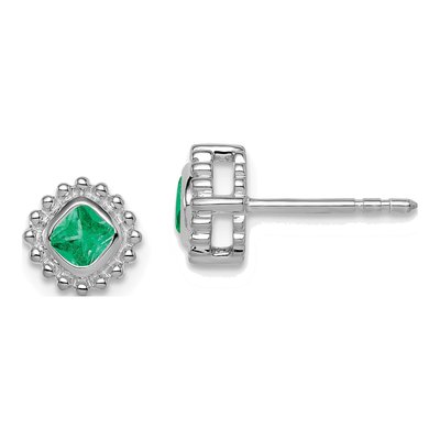 10K White Gold Cushion Emerald Post Earrings