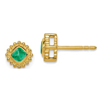 14K Yellow Gold 3.4mm Cushion Emerald Natural Stud Earrings