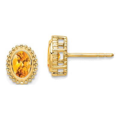 14K Yellow Gold Citrine Oval Stud Earrings