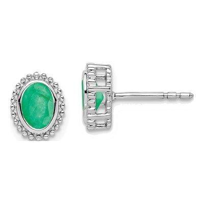 14K White Gold Emerald Oval Stud Earrings
