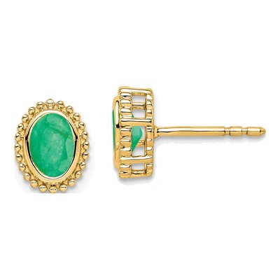 14K Yellow Gold Emerald Oval Stud Earrings