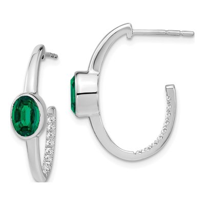 14K White Gold 1/6 ct tw 24mm Lab-Created Emerald & Diamond J- Hoop Earrings